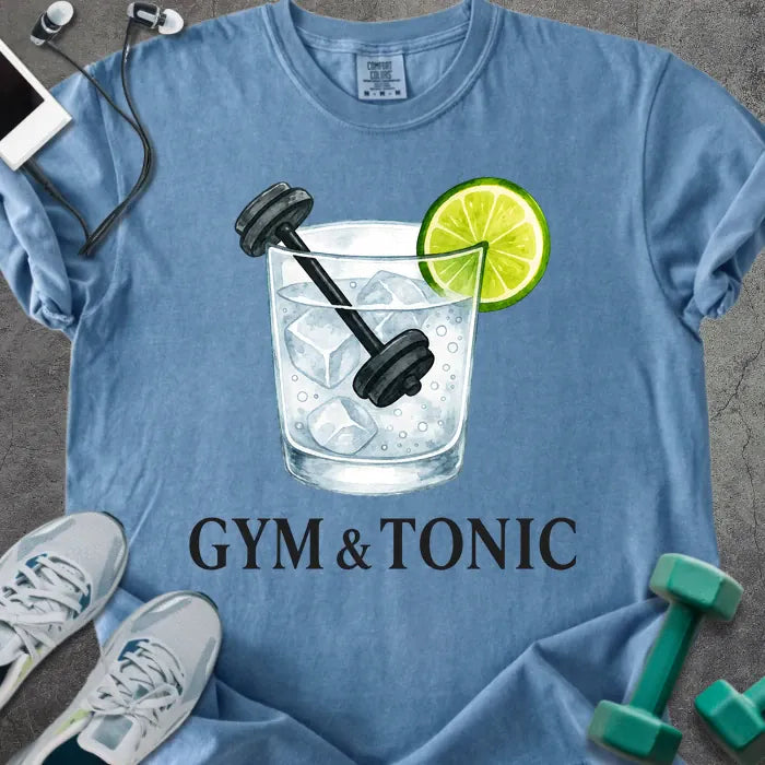 Blue jean t-shirt printed with "Gym & Tonic", with a kettlebell in a glass and lime graphic
