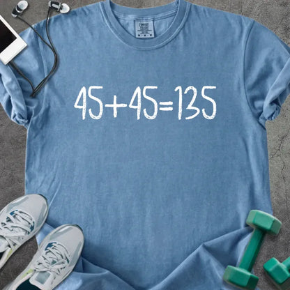 Blue jean t-shirt printed with "45+45 135"