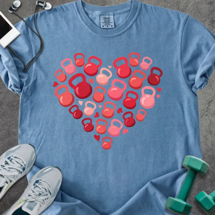 Blue jean t-shirt with red kettlebells arranged in a heart shape in red and pink
