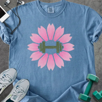 Blue jean t-shirt with pink sakura flowers and barbell in center in pink and green