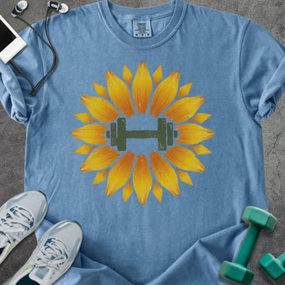 Blue jean t-shirt with yellow sunflower and dumbbell in center in yellow and green