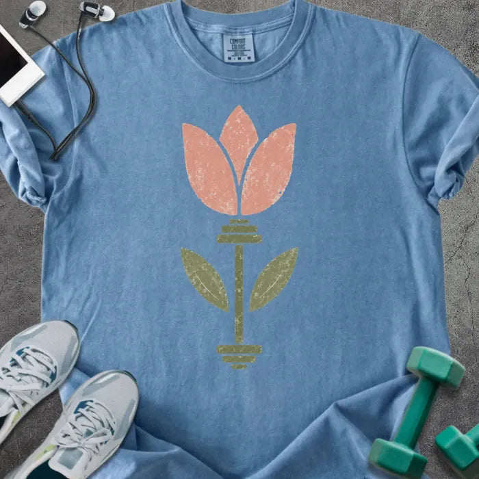 Blue jean t-shirt with pink tulip flower and barbell in pink and green