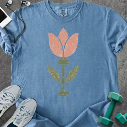 Blue jean t-shirt with pink tulip flower and barbell in pink and green