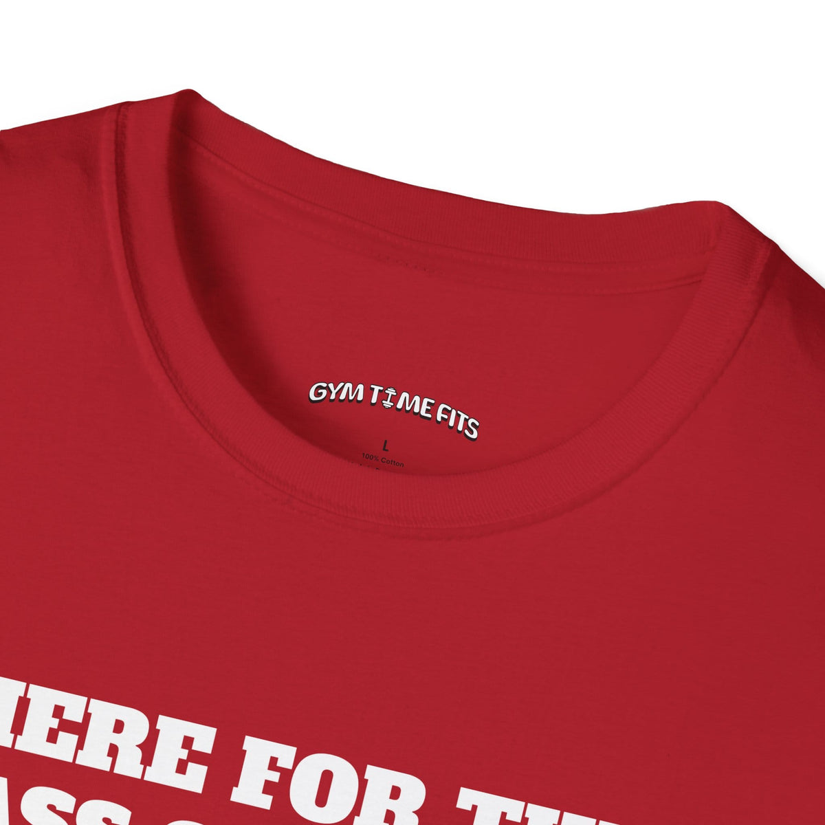 Close-up of the cherry red t-shirt collar with the Gym Time Fits neck label
