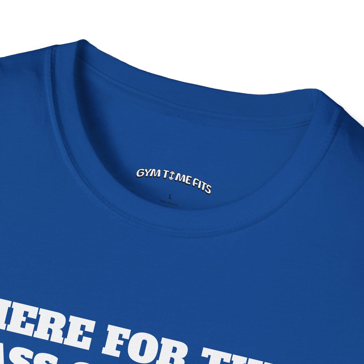 Close-up of the royal blue t-shirt collar with the Gym Time Fits neck label
