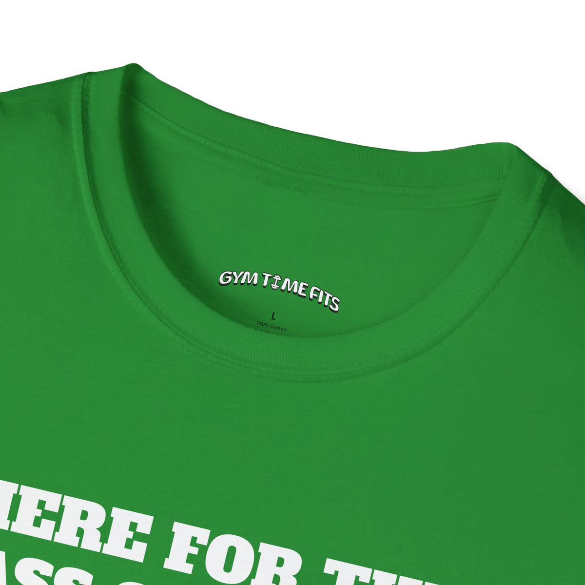 Close-up of the Irish green t-shirt collar with the Gym Time Fits neck label