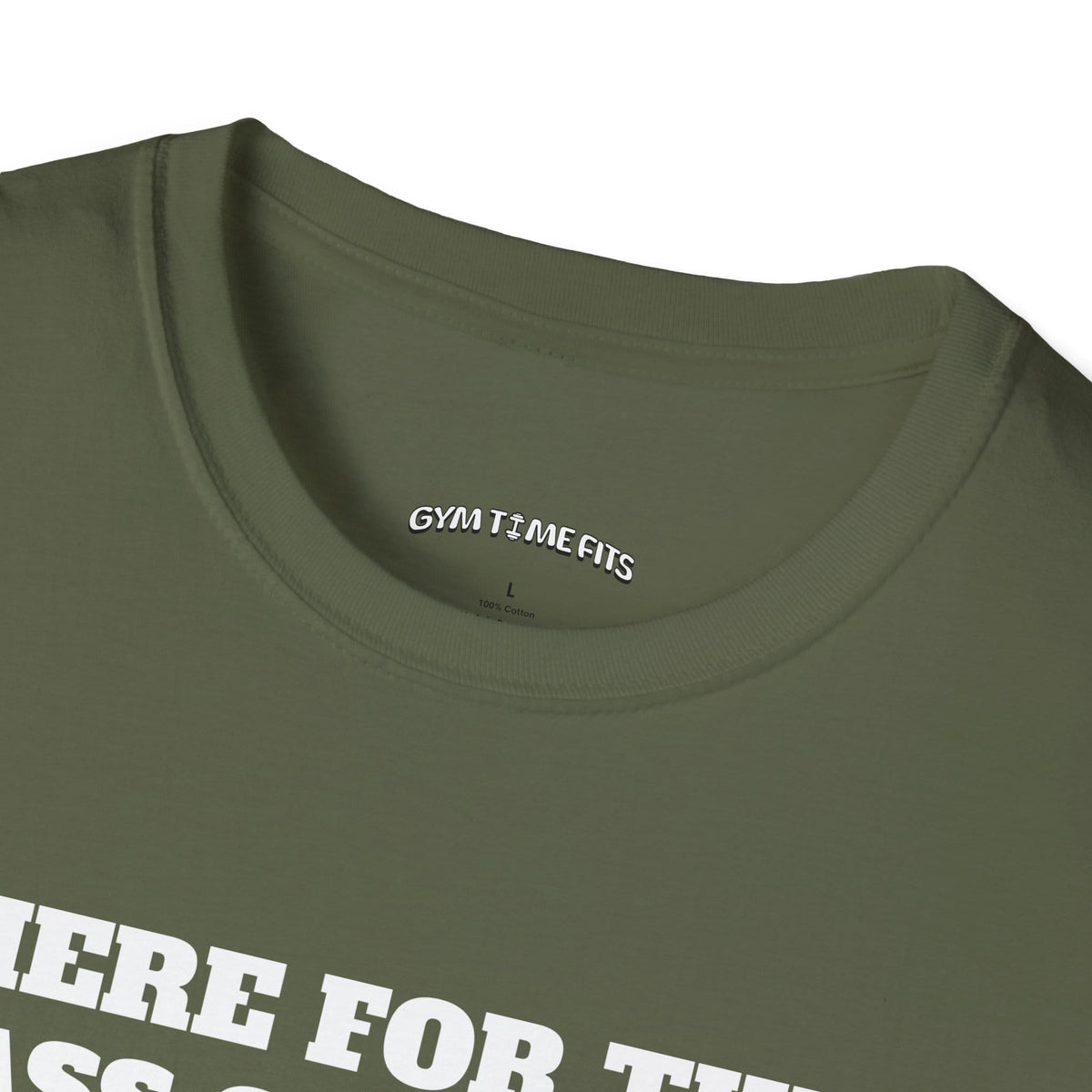 Close-up of the military green t-shirt collar with the Gym Time Fits neck label