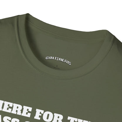 Close-up of the military green t-shirt collar with the Gym Time Fits neck label