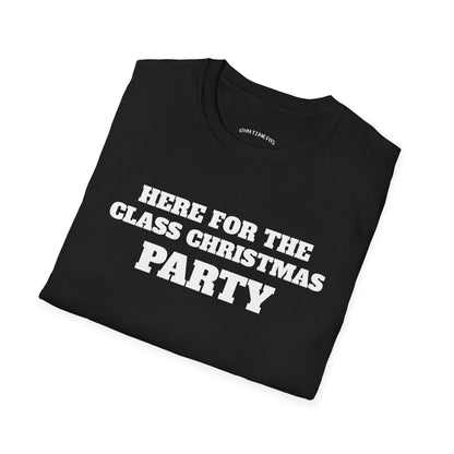 Folded black t-shirt printed with "HERE FOR THE CLASS CHRISTMAS PARTY" in white