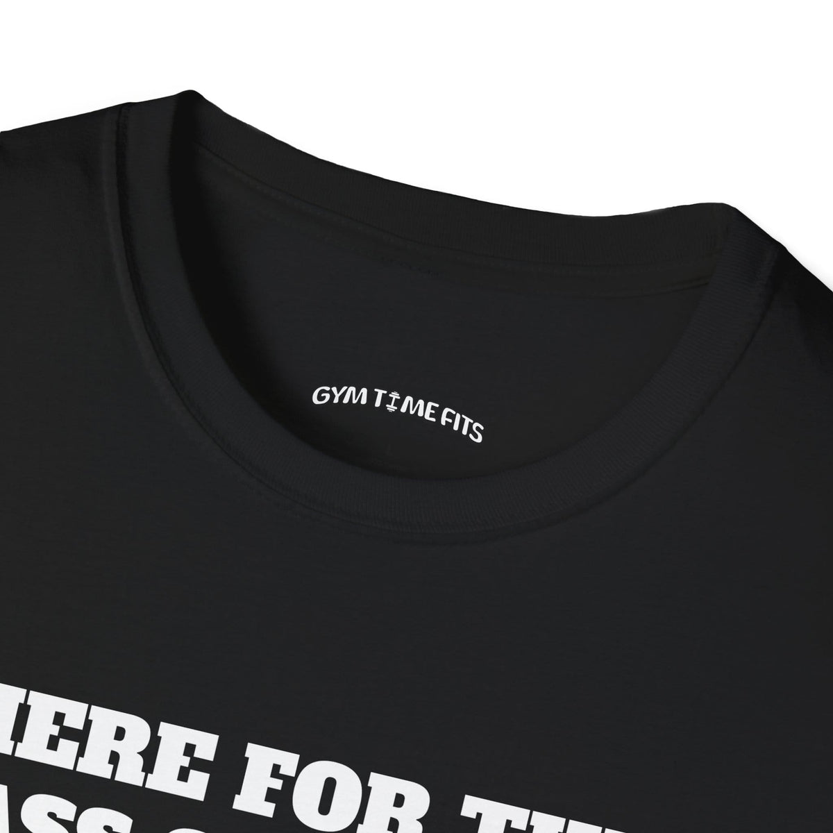 Close-up of the black t-shirt collar with the Gym Time Fits neck label
