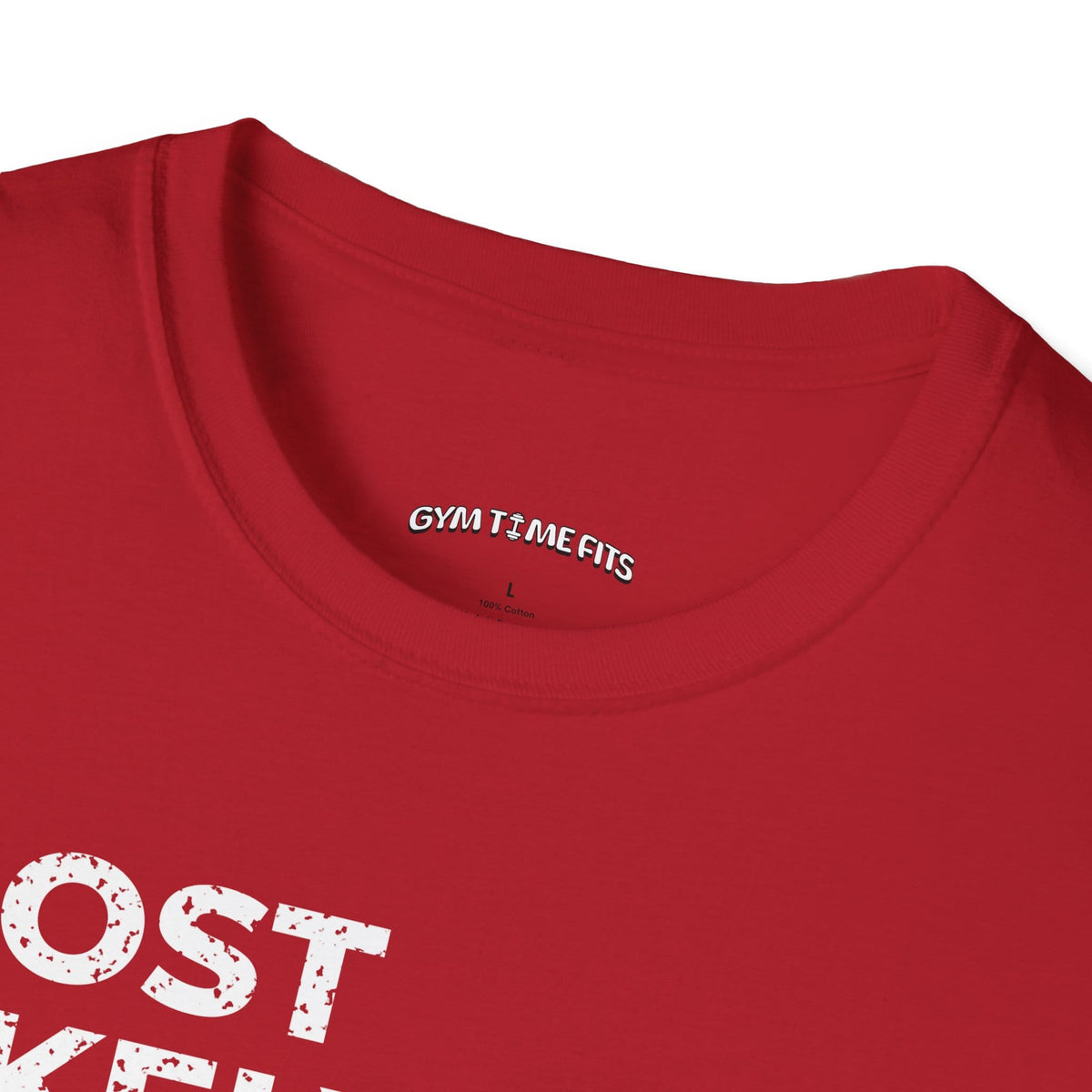 Close-up of the cherry red t-shirt collar with the Gym Time Fits neck label