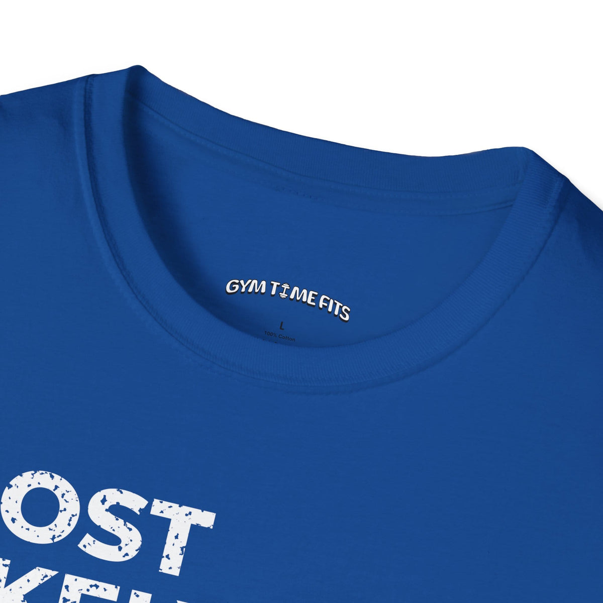 Close-up of the royal blue t-shirt collar with the Gym Time Fits neck label