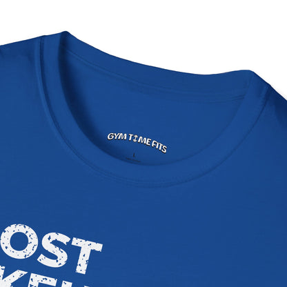 Close-up of the royal blue t-shirt collar with the Gym Time Fits neck label