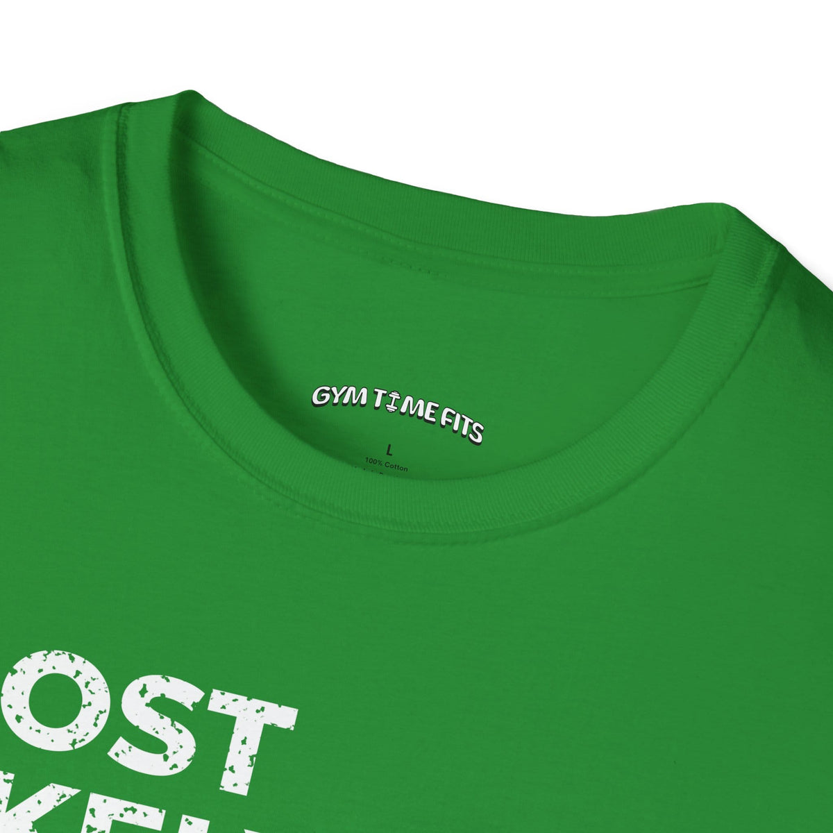 Close-up of the Irish green t-shirt collar with the Gym Time Fits neck label