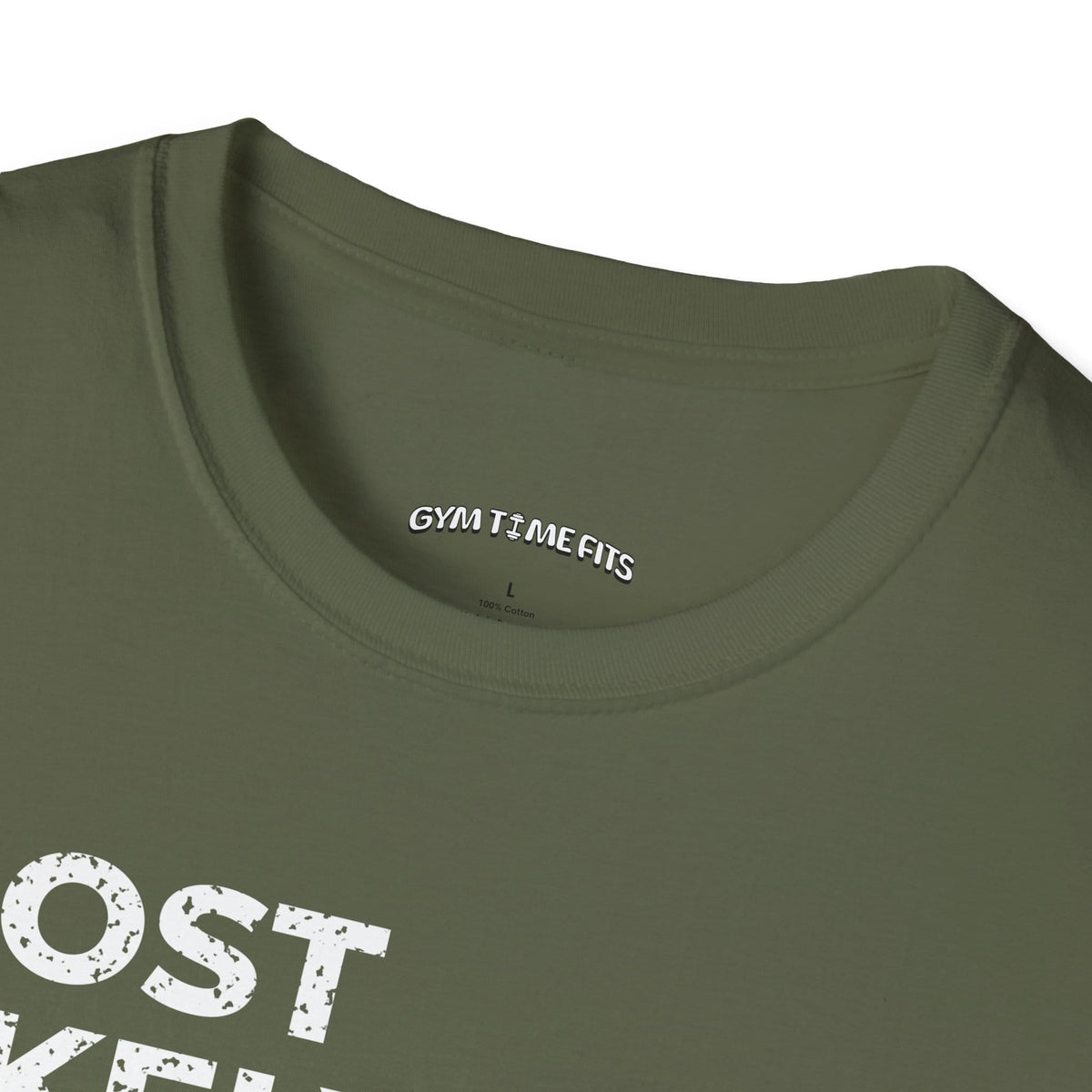 Close-up of the military green t-shirt collar with the Gym Time Fits neck label