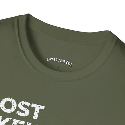 Close-up of the military green t-shirt collar with the Gym Time Fits neck label