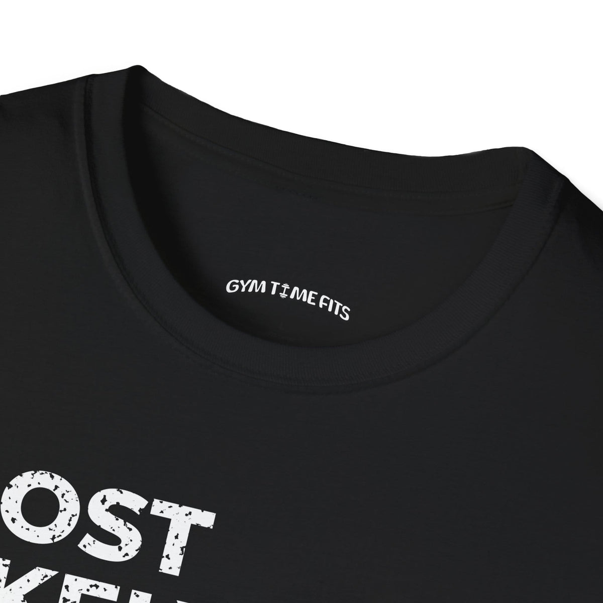 Close-up of the black t-shirt collar with the Gym Time Fits neck label