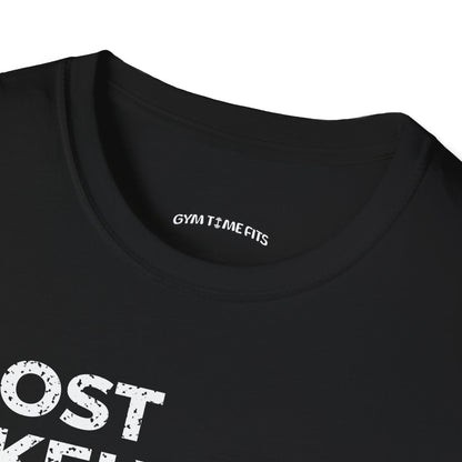 Close-up of the black t-shirt collar with the Gym Time Fits neck label