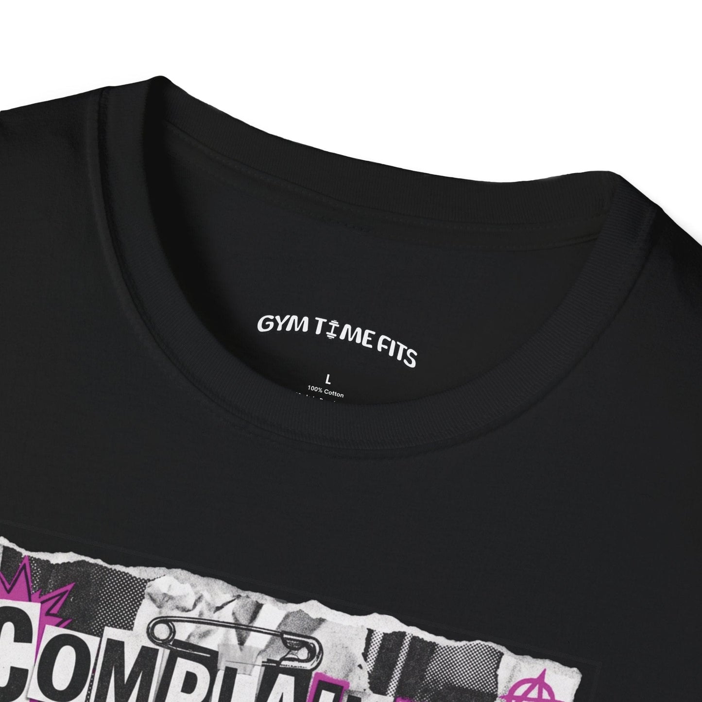 T-shirt printed with "Complaining Burns Zero Calories" in black and pink, with pink smiley face