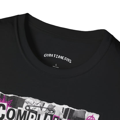 T-shirt printed with "Complaining Burns Zero Calories" in black and pink, with pink smiley face