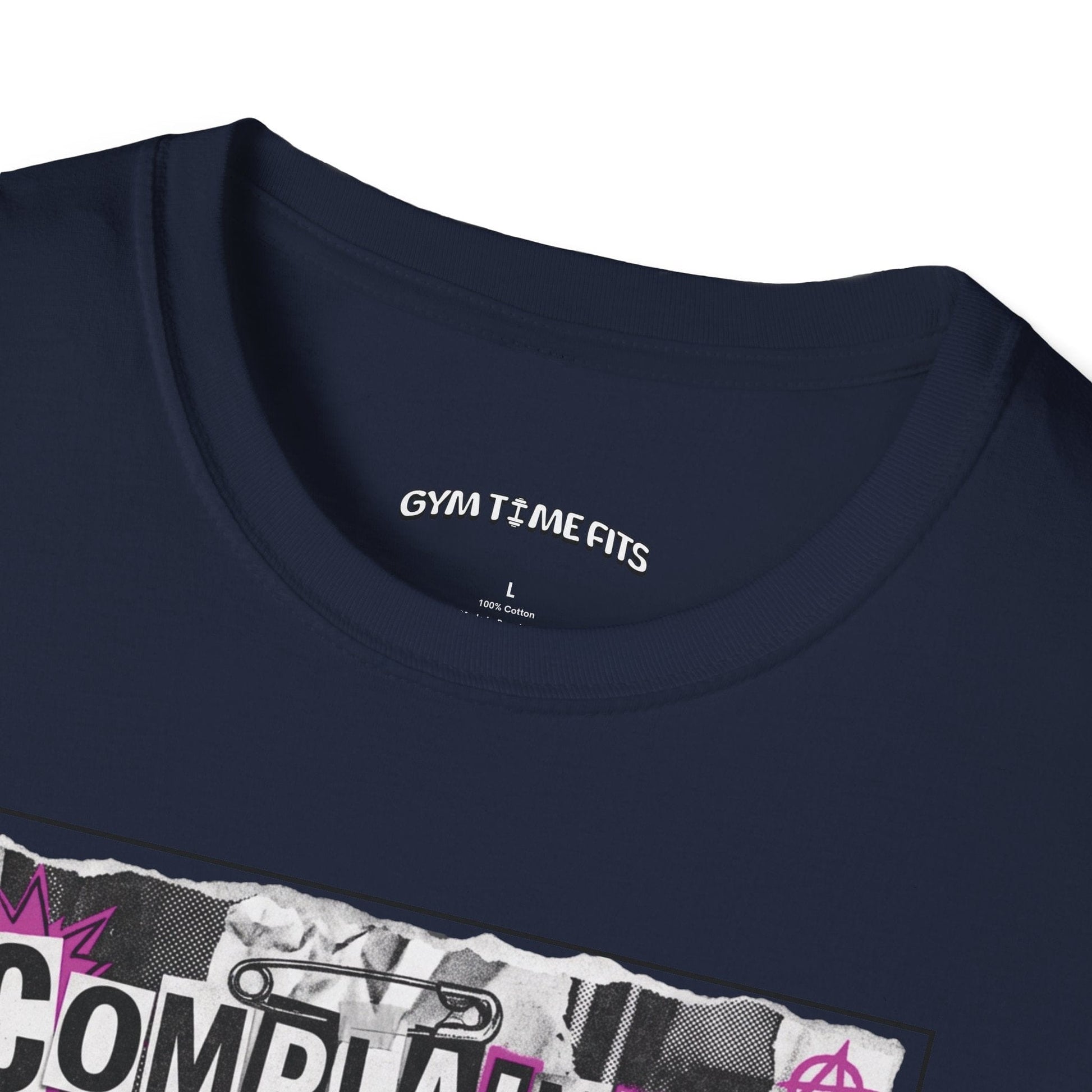 T-shirt printed with "Complaining Burns Zero Calories" in black and pink, with pink smiley face