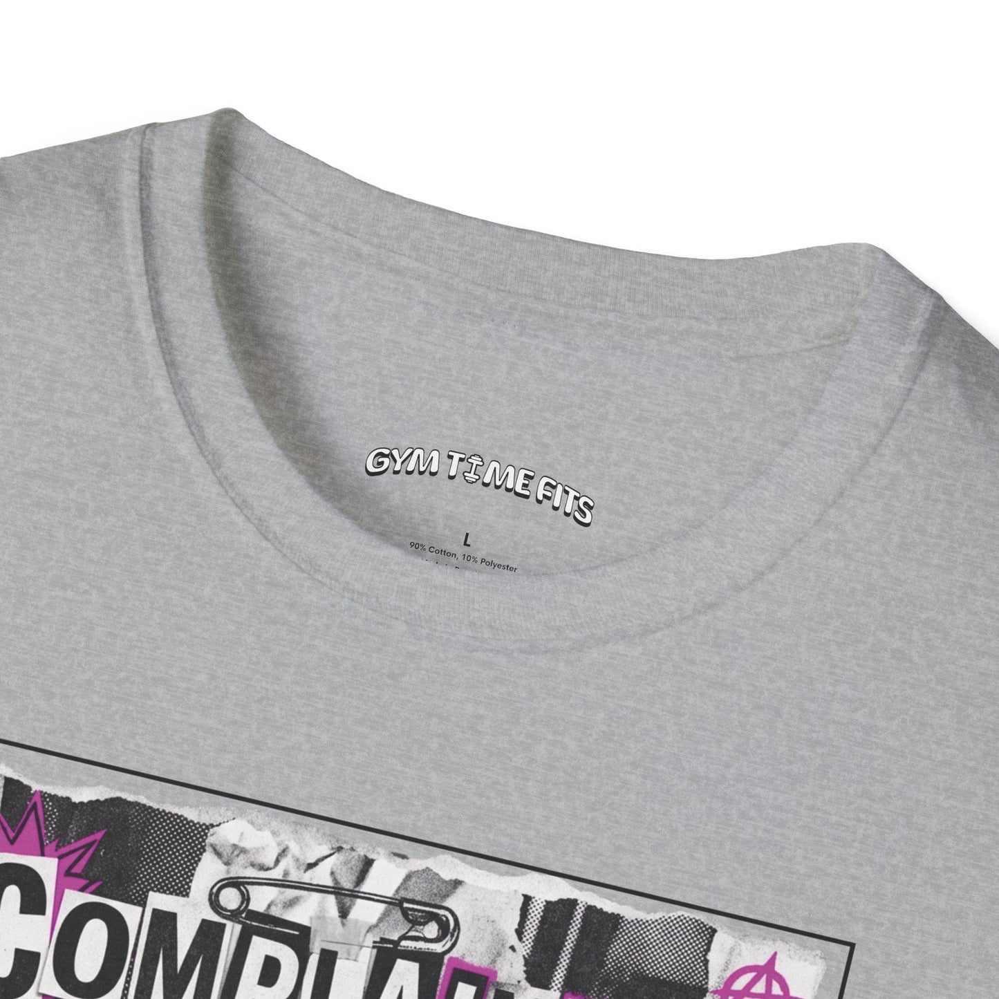 T-shirt printed with "Complaining Burns Zero Calories" in black and pink, with pink smiley face