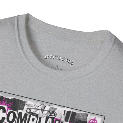 T-shirt printed with "Complaining Burns Zero Calories" in black and pink, with pink smiley face