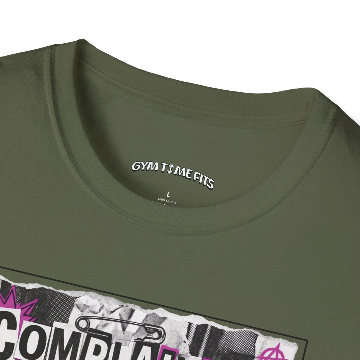 T-shirt printed with "Complaining Burns Zero Calories" in black and pink, with pink smiley face