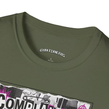 T-shirt printed with "Complaining Burns Zero Calories" in black and pink, with pink smiley face