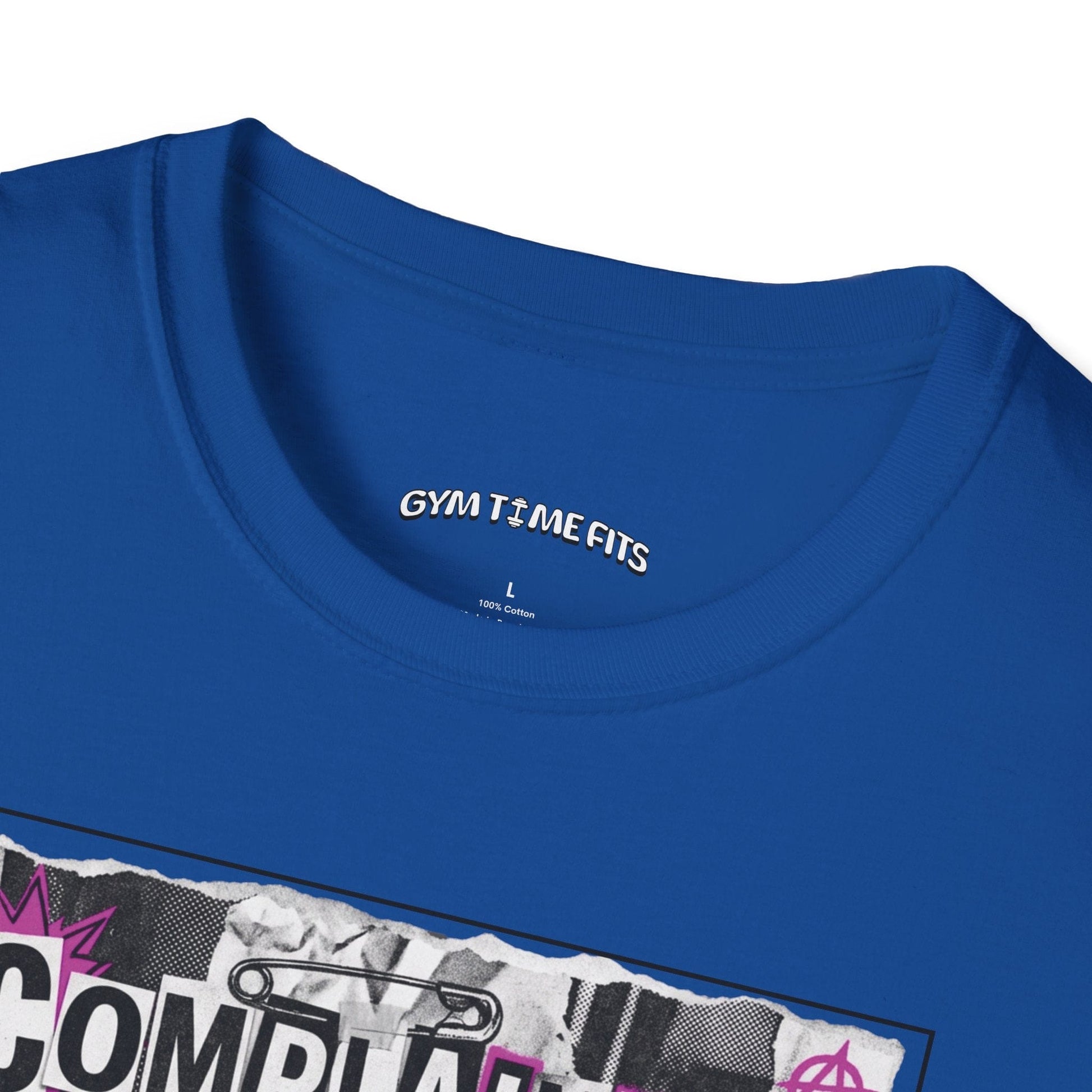 T-shirt printed with "Complaining Burns Zero Calories" in black and pink, with pink smiley face