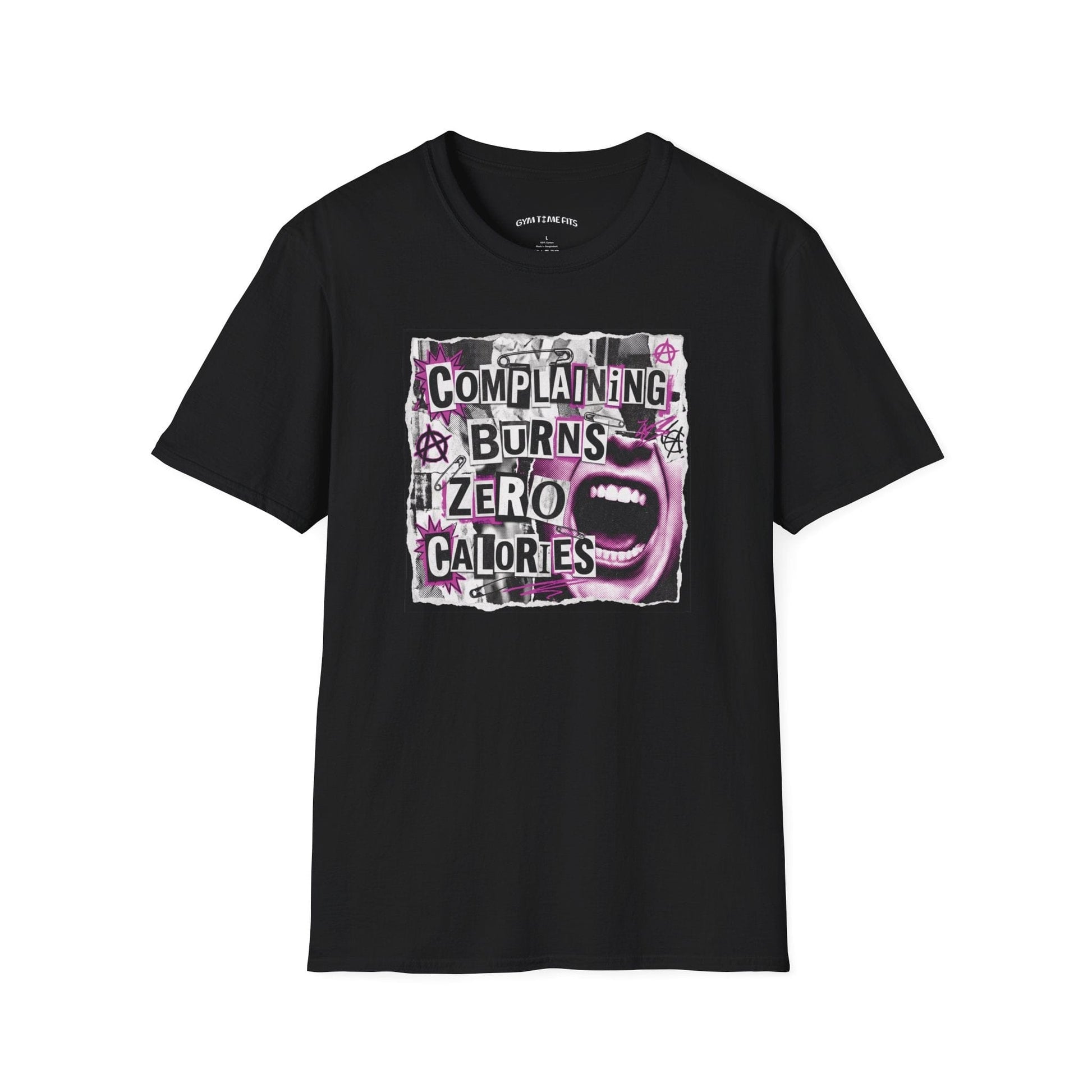 T-shirt printed with "Complaining Burns Zero Calories" in black and pink, with pink smiley face