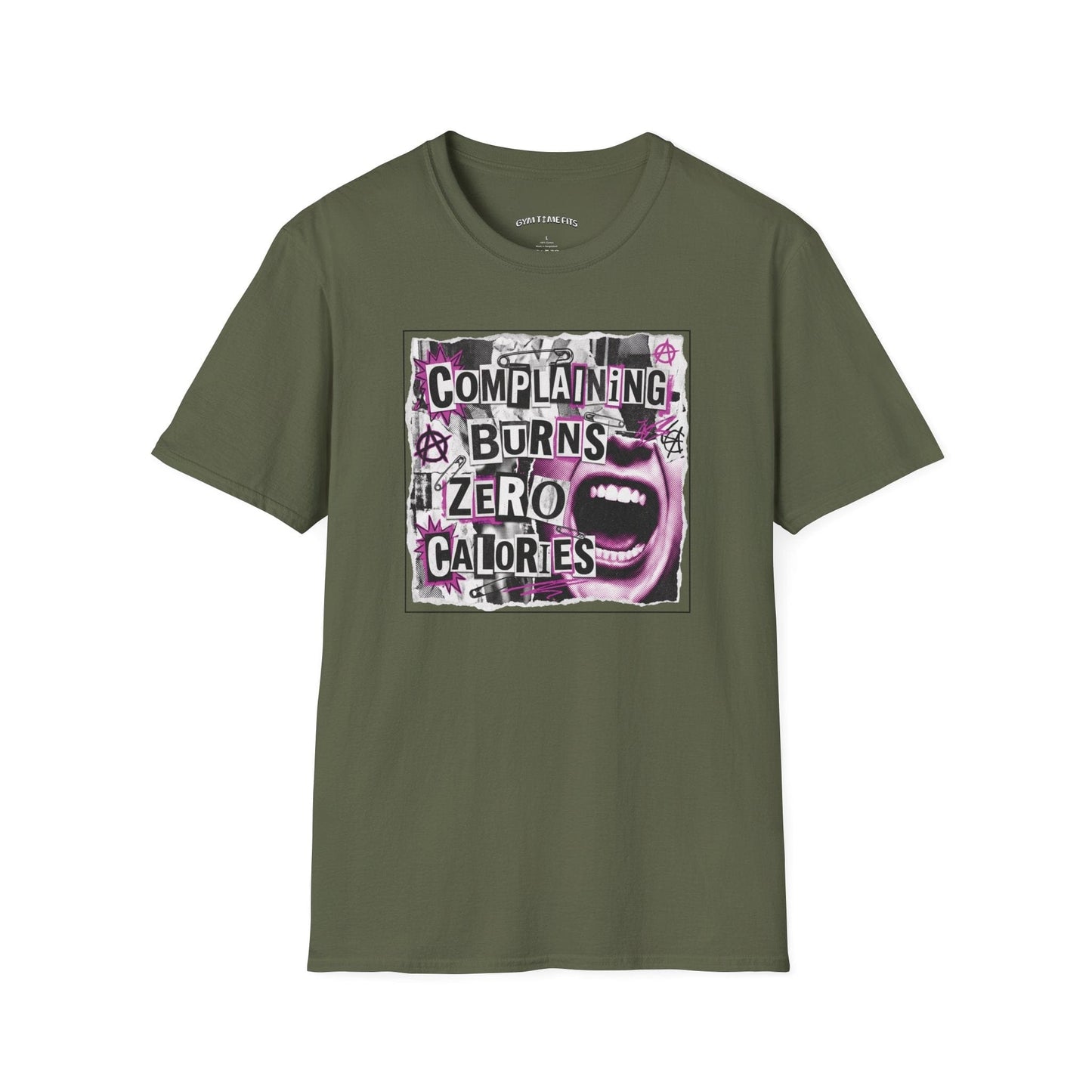T-shirt printed with "Complaining Burns Zero Calories" in black and pink, with pink smiley face