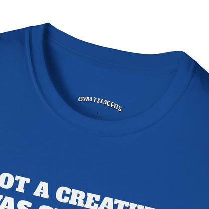 Close-up of the royal blue t-shirt collar with the Gym Time Fits neck label