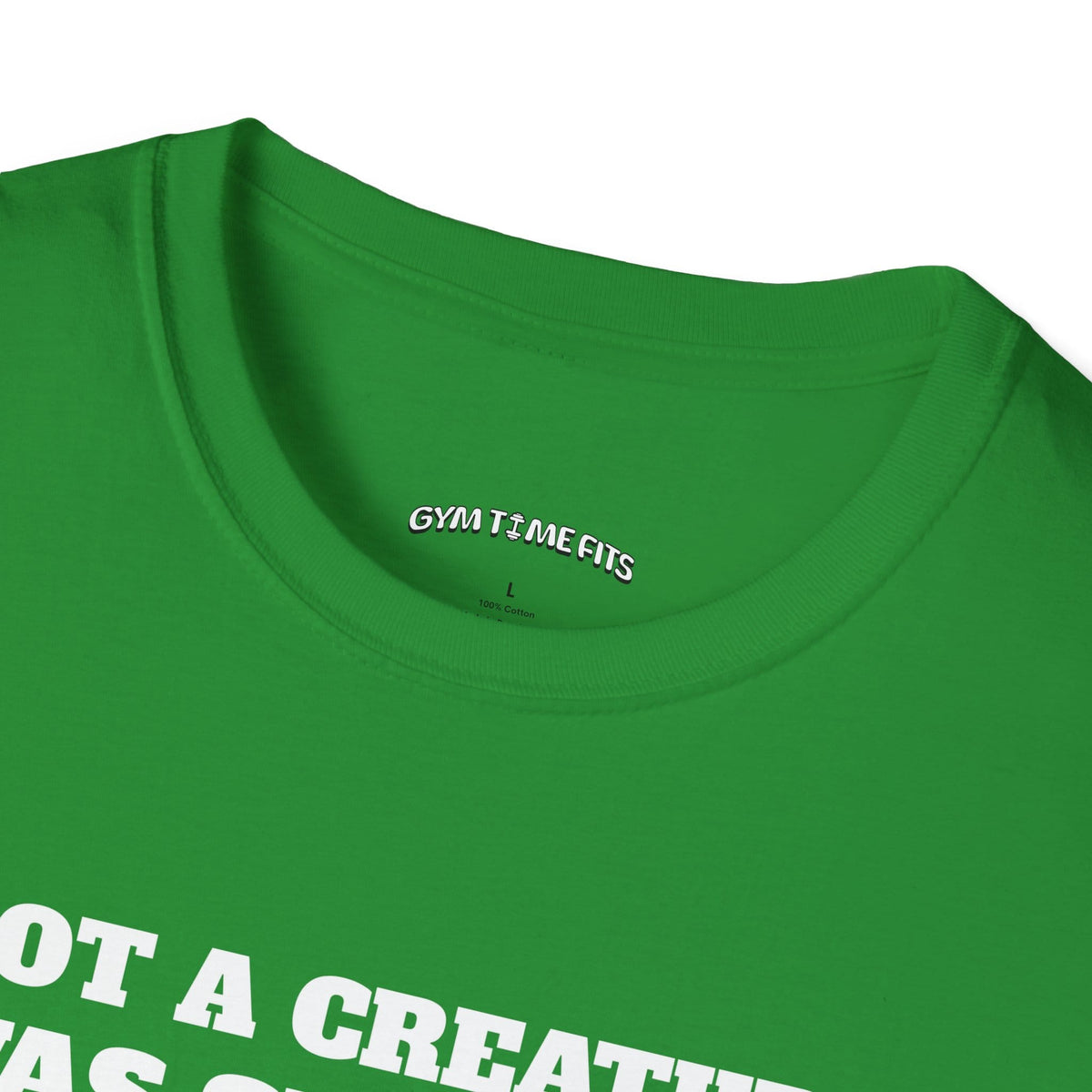 Close-up of the Irish green t-shirt collar with the Gym Time Fits neck label