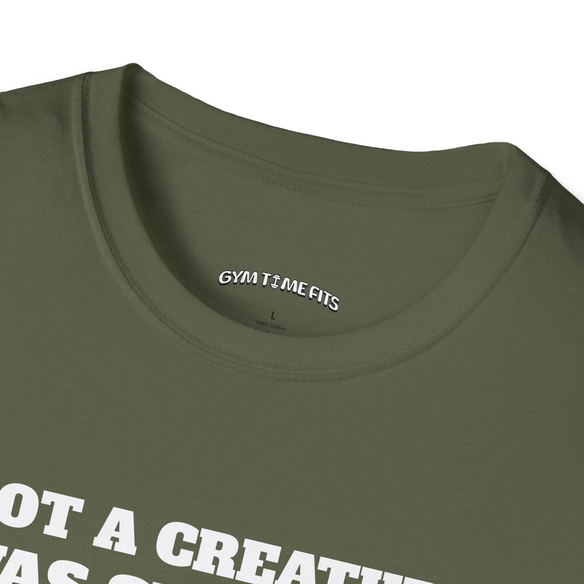 Close-up of the military green t-shirt collar with the Gym Time Fits neck label