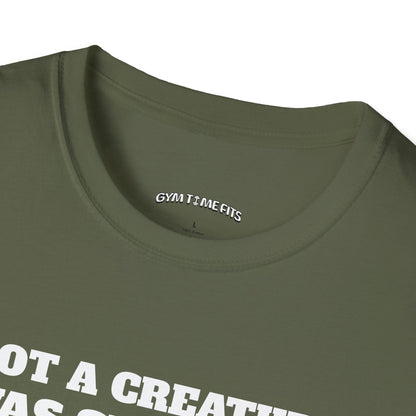 Close-up of the military green t-shirt collar with the Gym Time Fits neck label