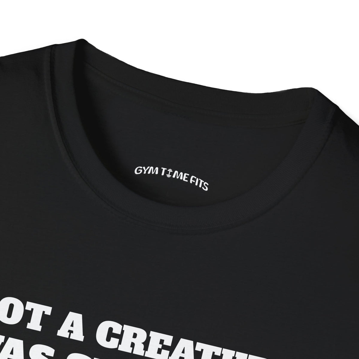 Close-up of the black t-shirt collar with the Gym Time Fits neck label