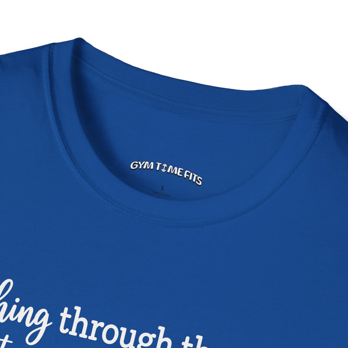 Close-up of the royal blue t-shirt collar with the Gym Time Fits neck label