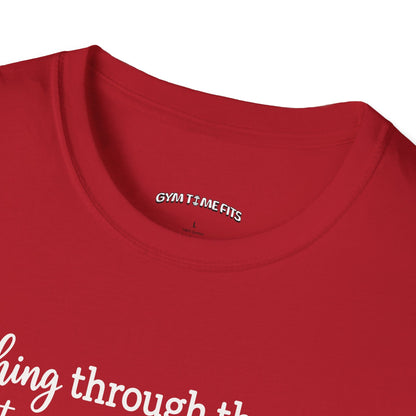 Close-up of the cherry red t-shirt collar with the Gym Time Fits neck label