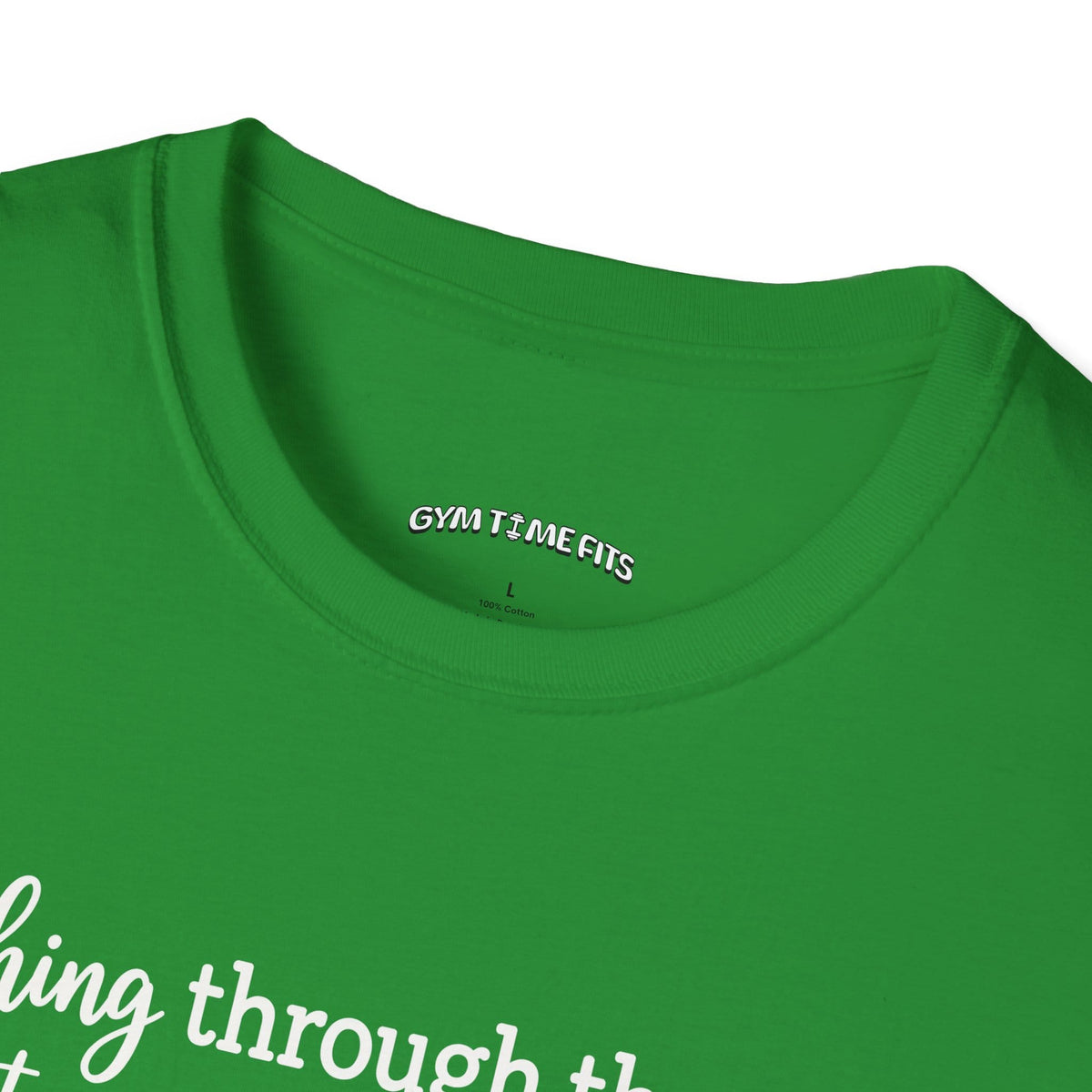 Close-up of the Irish green t-shirt collar with the Gym Time Fits neck label