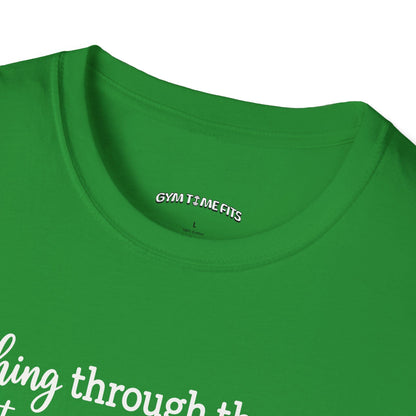 Close-up of the Irish green t-shirt collar with the Gym Time Fits neck label