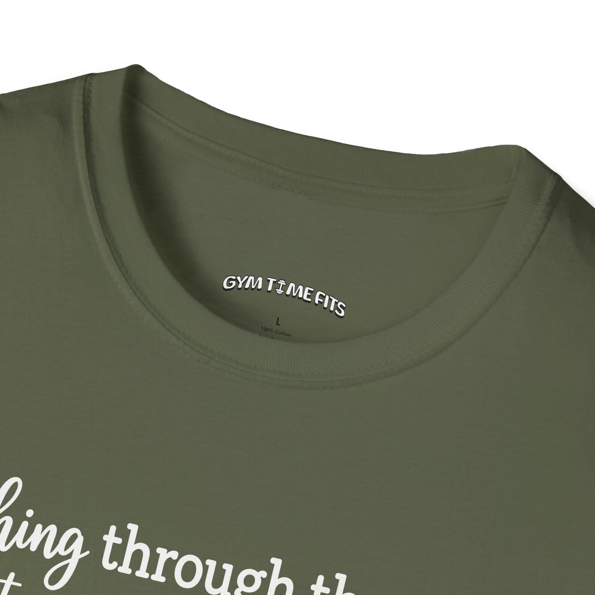 Close-up of the military green t-shirt collar with the Gym Time Fits neck label