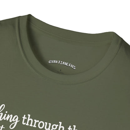 Close-up of the military green t-shirt collar with the Gym Time Fits neck label