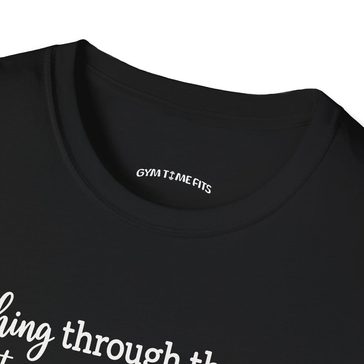 Close-up of the black t-shirt collar with the Gym Time Fits neck label
