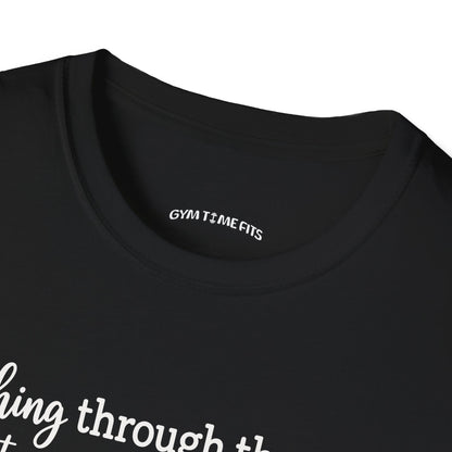 Close-up of the black t-shirt collar with the Gym Time Fits neck label