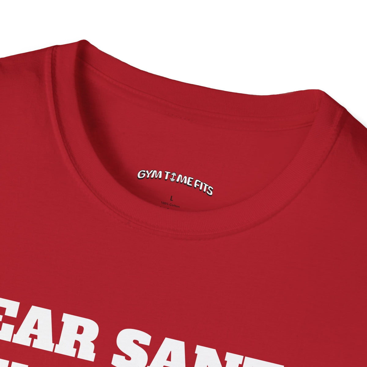 Close-up of the cherry red t-shirt collar with the Gym Time Fits neck label