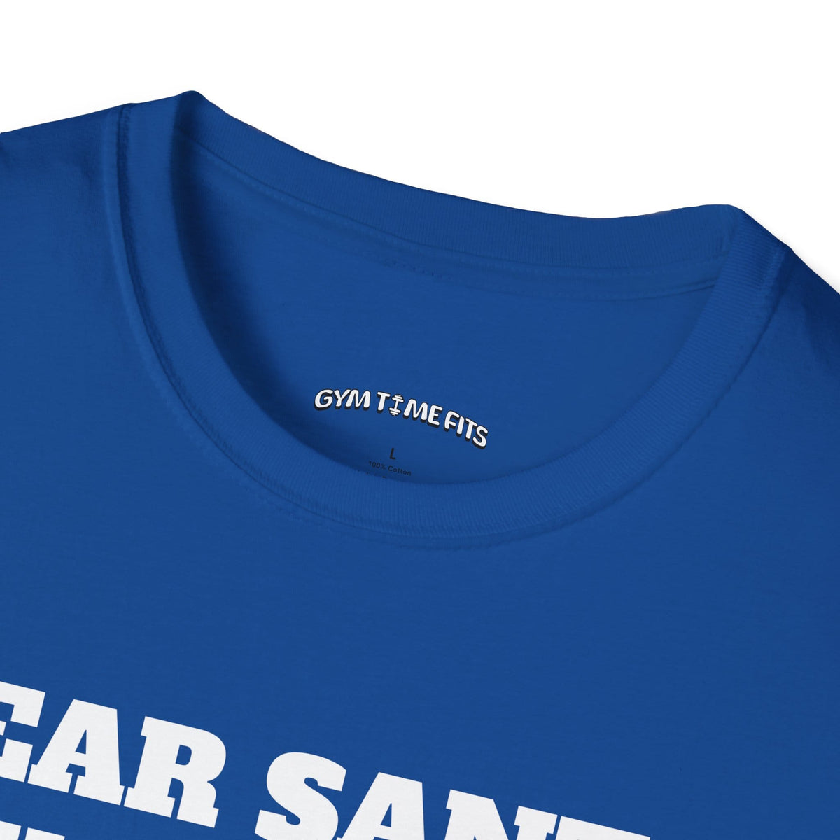 Close-up of the royal blue t-shirt collar with the Gym Time Fits neck label