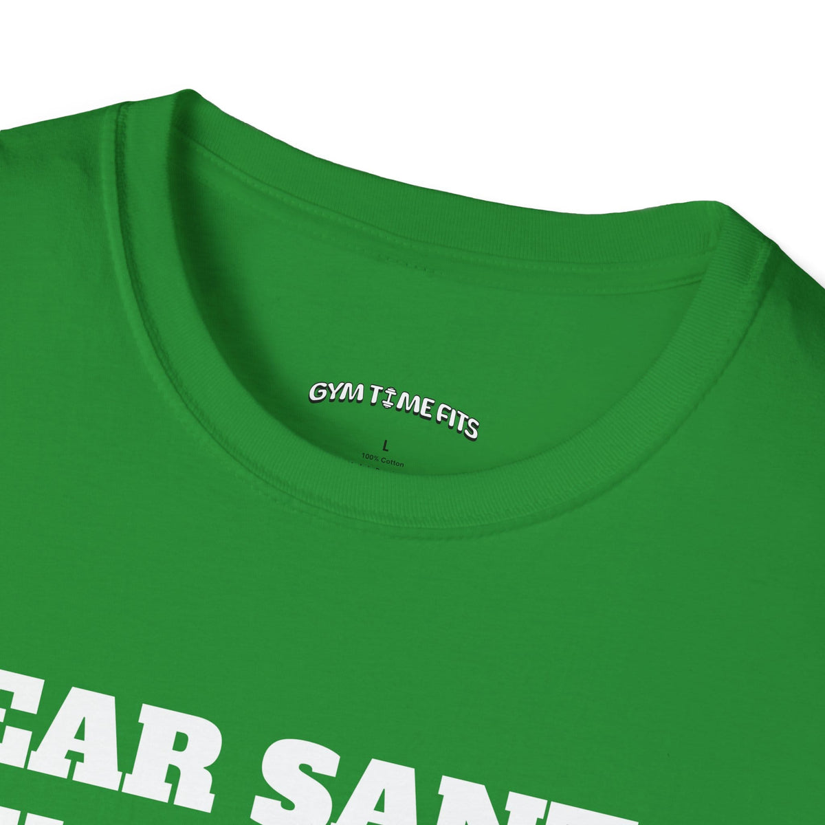 Close-up of the Irish green t-shirt collar with the Gym Time Fits neck label