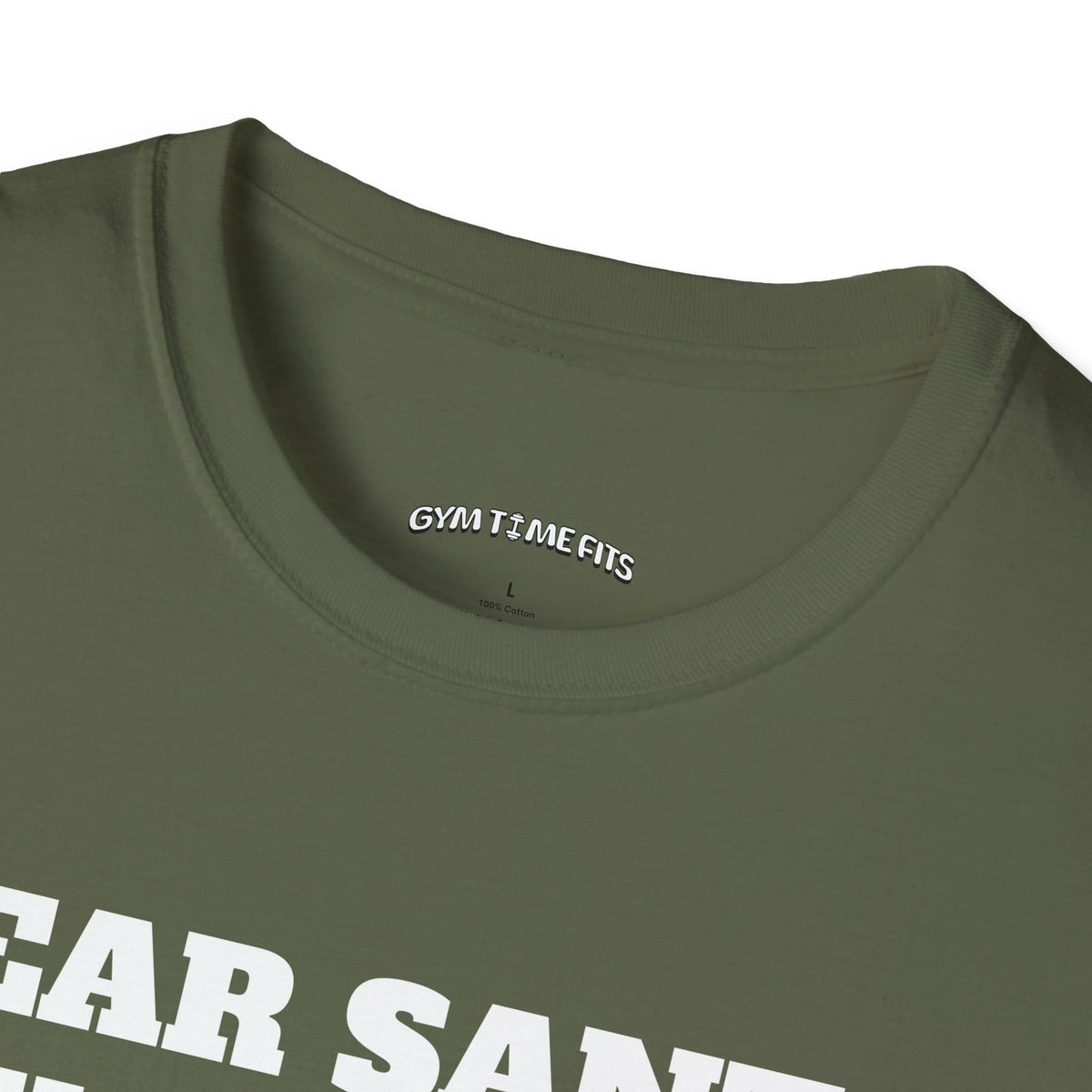 Close-up of the military green t-shirt collar with the Gym Time Fits neck label