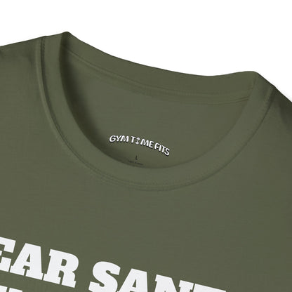 Close-up of the military green t-shirt collar with the Gym Time Fits neck label